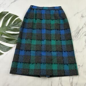 Womens Vintage 60s Wool Pencil Skirt Size S Green Blue Plaid Tweed Academia